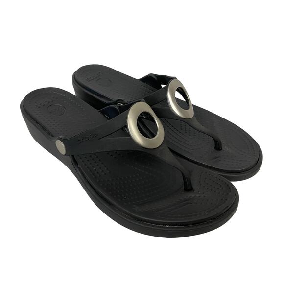 Crocs Sandals Womens Size 9 Black Sanrah Wedge Flip Flop Thong Ring Comfort - Picture 1 of 12